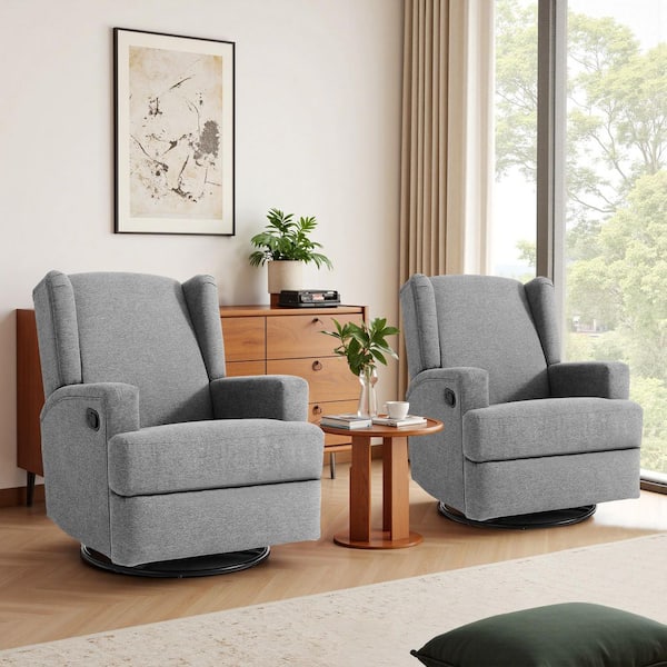 Luxury Light Gray Linen Wingback Manual Swivel Recliner with Rocking(Set of 2)