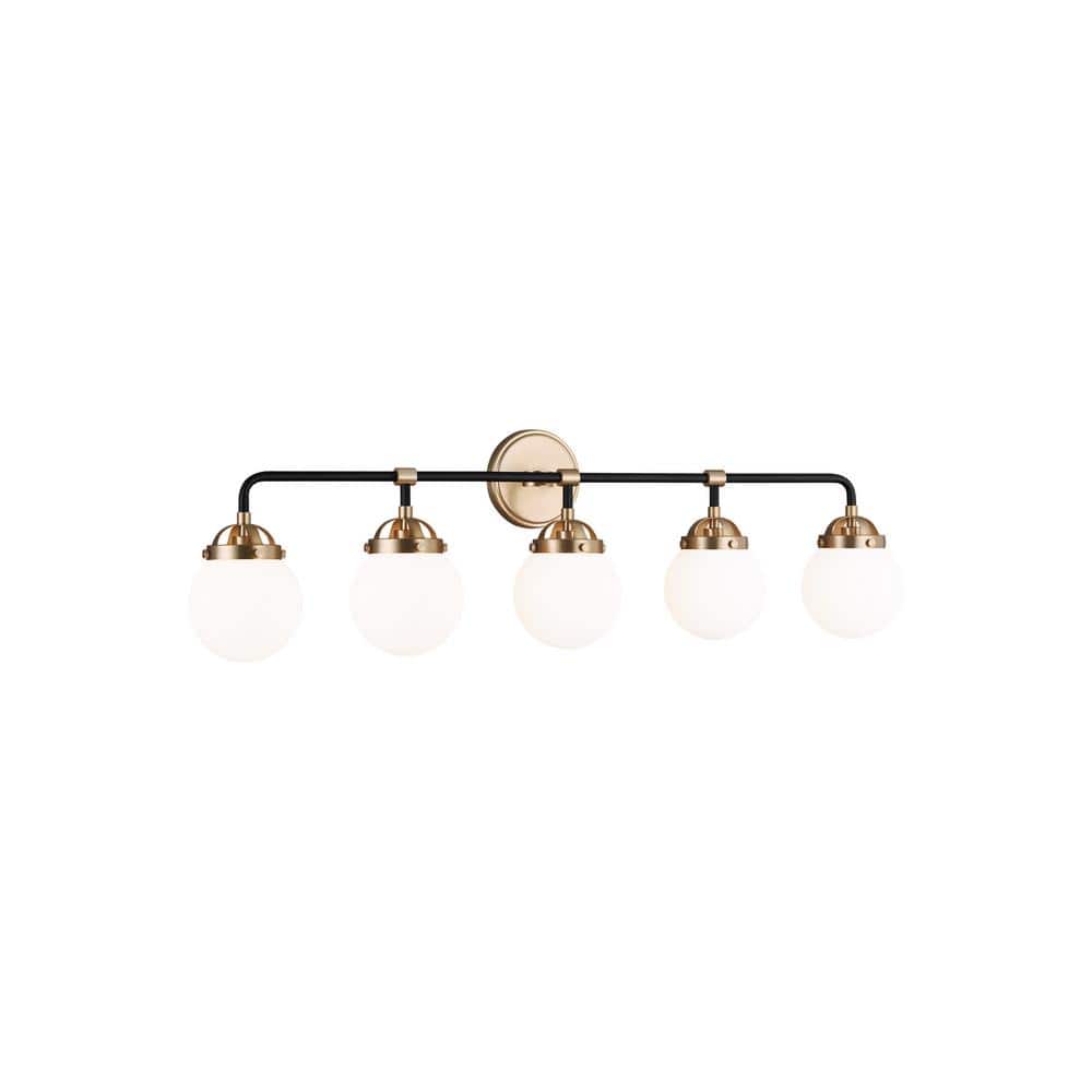 Satin Brass and Black 38.25" 5-Light Vanity Fixture with Etched Glass Shades