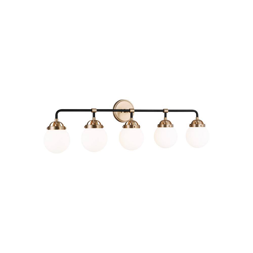 Satin Brass and Black 38.25" 5-Light Vanity Fixture with Etched Glass Shades