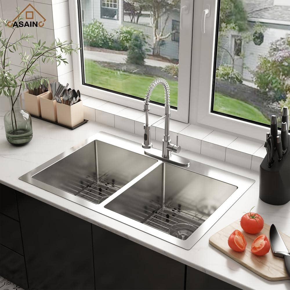 33'' Drop-In Double Bowl Stainless Steel Kitchen Sink with Accessories