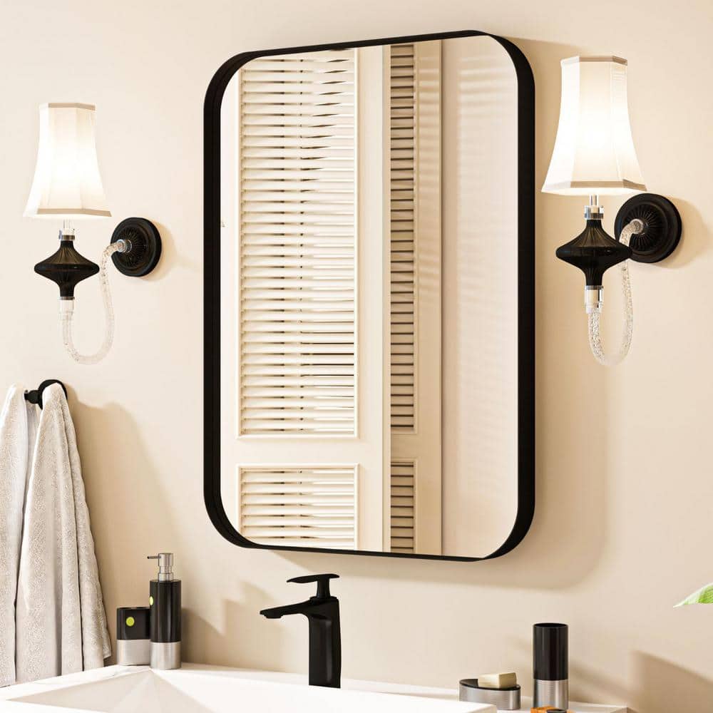 waterpar 20 in. W x 28 in. H Rectangular Aluminum Framed Wall Bathroom Vanity Mirror in Black ...