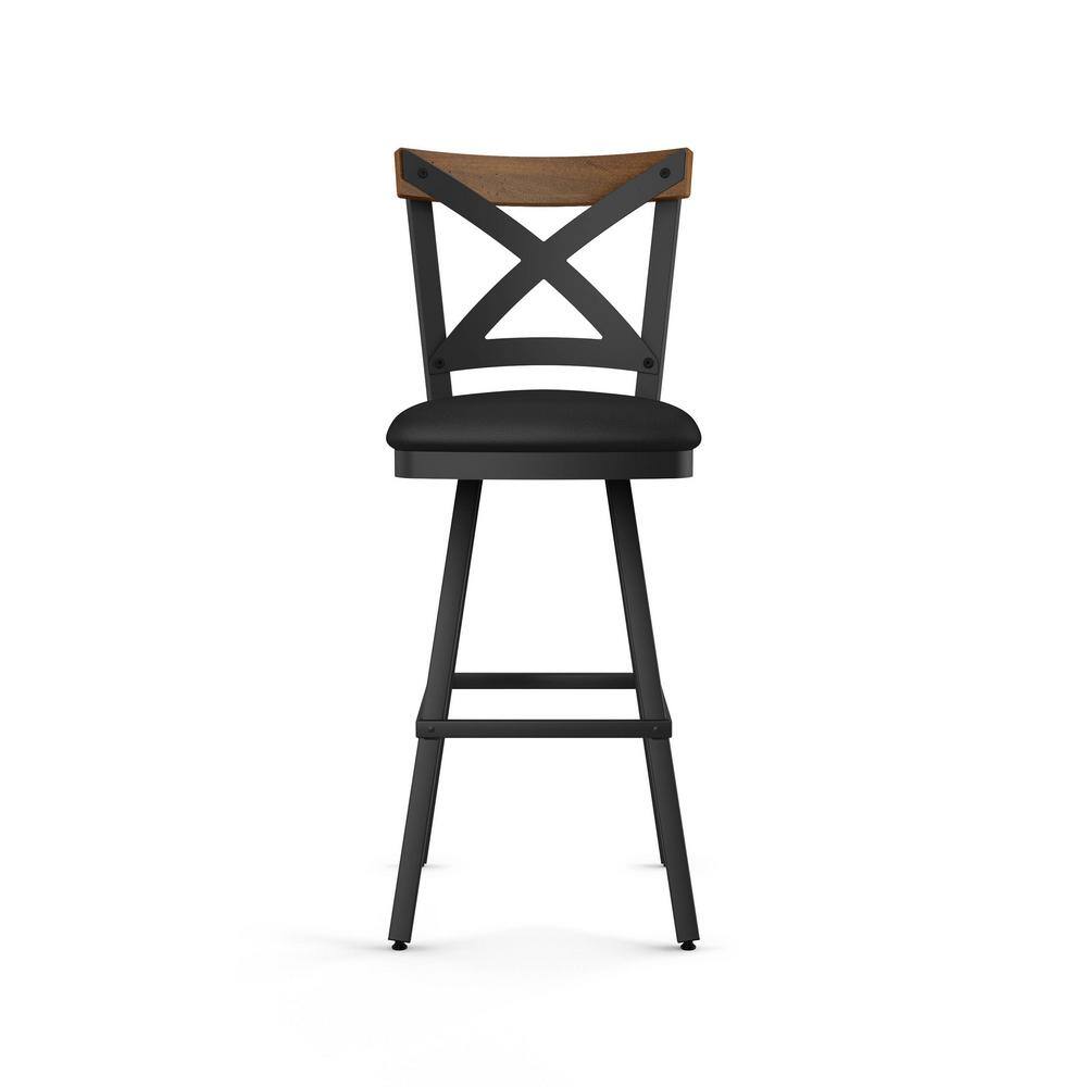 Rustic Farmhouse 28.5" Black Leather Swivel Stool with Crossback