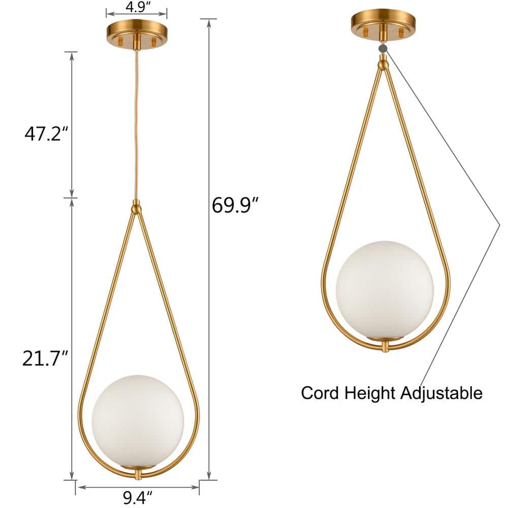 Gold Brass Teardrop Pendant Lamp with Milk Glass Globe Shade