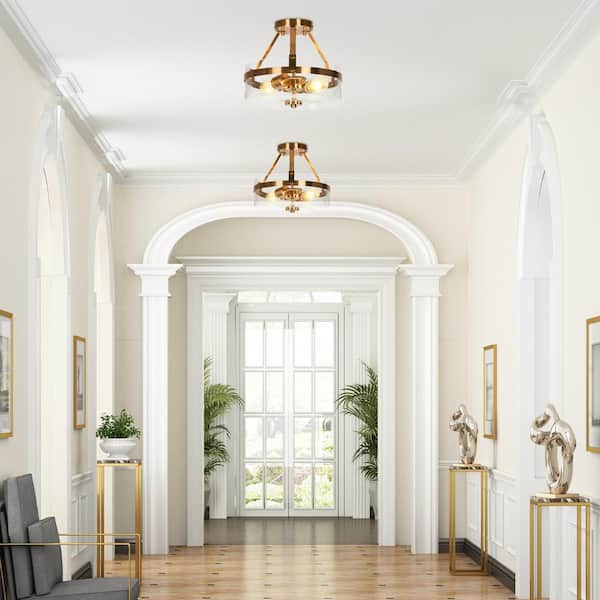 Modern Brass Gold Ceiling Light, 2-Light Cage Round Kitchen Semi-Flush Mount with Seeded Glass Shade