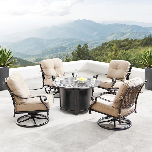 Oakland Living Finland Luxurious Antique Copper 5-Piece Aluminum Patio Fire Pit Deep Seating Set with Tan Beige Cushions