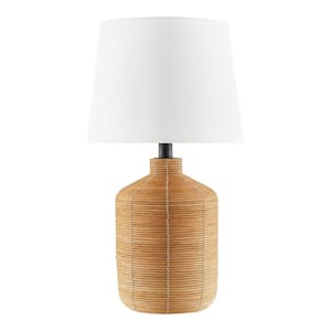 Carlburg 19.75 in. Natural Rattan 1-Light Table Lamp with Black Accents and White Fabric Shade