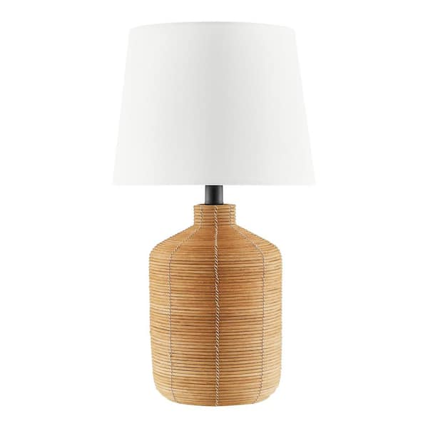 Modern Petite Rattan Table Lamp with authentic Blackened Steel Accents