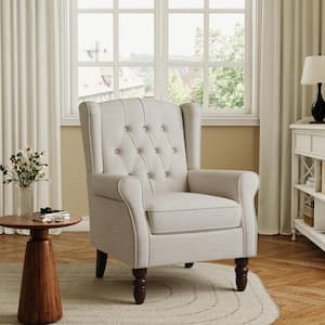 Modern Beige Linen Upholstered Button High Back Accent Arm Chair with Wood Legs (Set of 1)