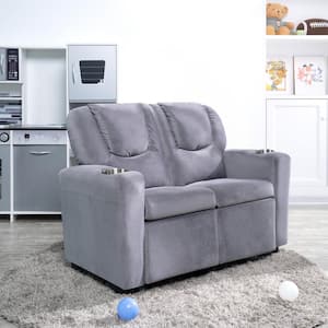 Gray Recline, Relax, Rule Kids' Comfort Champions, Push Back Kids Loveseat with Footrest & Cup Holders Microfiber Fabric