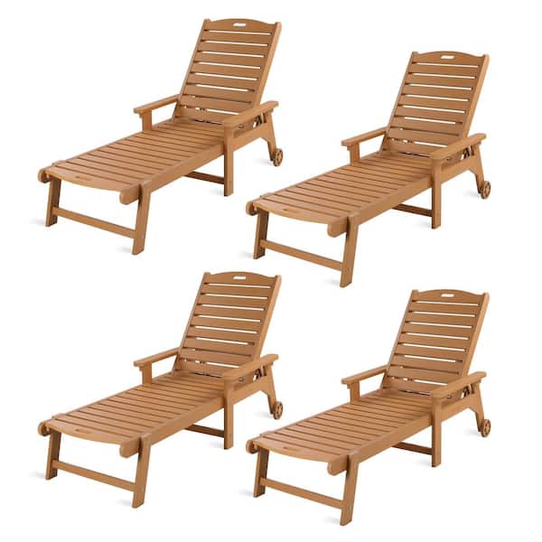 LUE BONA Helen Brown Recycled Plastic Plywood Outdoor Reclining Chaise Lounge Chairs with Wheels for Poolside Patio(set of 4)