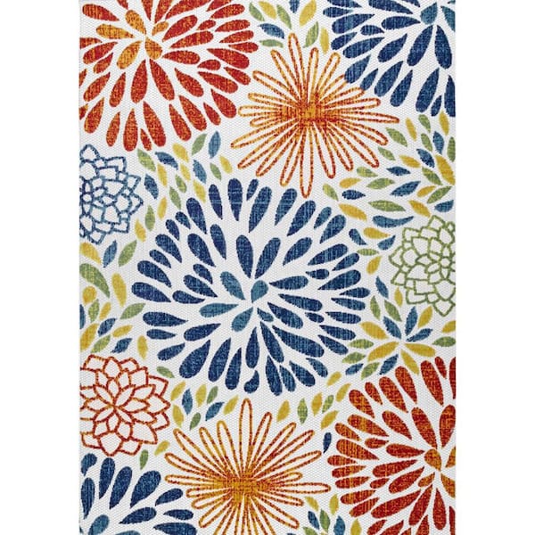 Blue 6 ft. x 9 ft. Oval Transitional Floret Polypropylene Indoor/Outdoor Area Rug