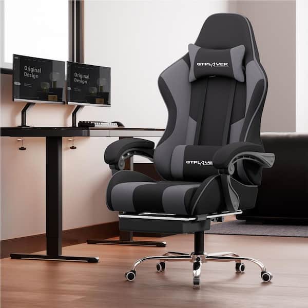 Gaming Chair Fabric w/ Pocket Spring Cushion Ergonomic Computer Chair w/Headrest,Footrest,Lumbar Support,Black and White