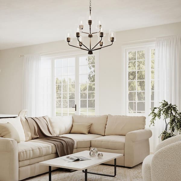 Celino 32 in. 9-Light Black Round Chandelier with White Glass Shades for Breakfast Nook