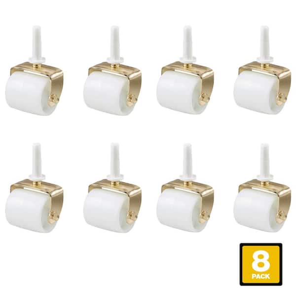 2 1/8 in. White Plastic and Gold Steel Bed Frame Swivel Stem Casters with Sockets and 125 lbs. Load Rating 8 Pack