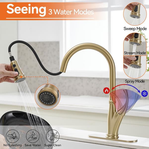 Single-Handle Pull-Down Pull-Out Sprayer 3 Spray High Arc Kitchen Faucet With Deck Plate in Brushed Gold