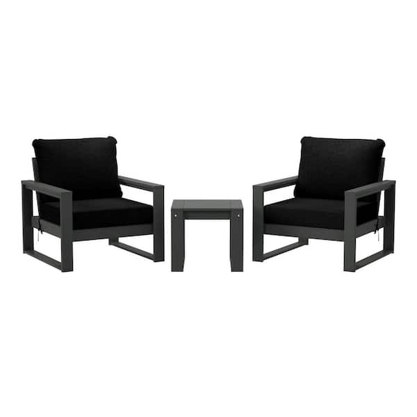 Endless Outdoor 3-Piece All Weather Gray HDPE Plastic Deep Seating Patio Lounge Chair Conversation Set, Black Cushions
