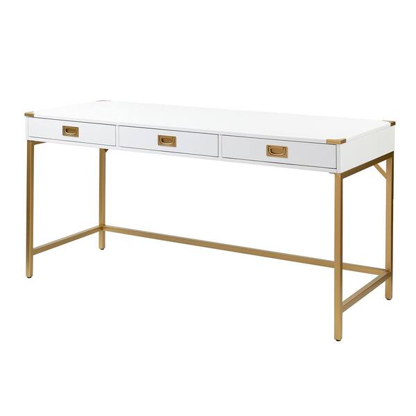JAYDEN CREATION Nicole 62.75 in. White Office Writing Desk with Gold Metal Frame