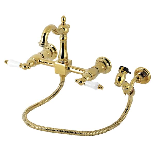Heritage 2-Handle Wall Mount Standard Kitchen Faucet in Polished Brass