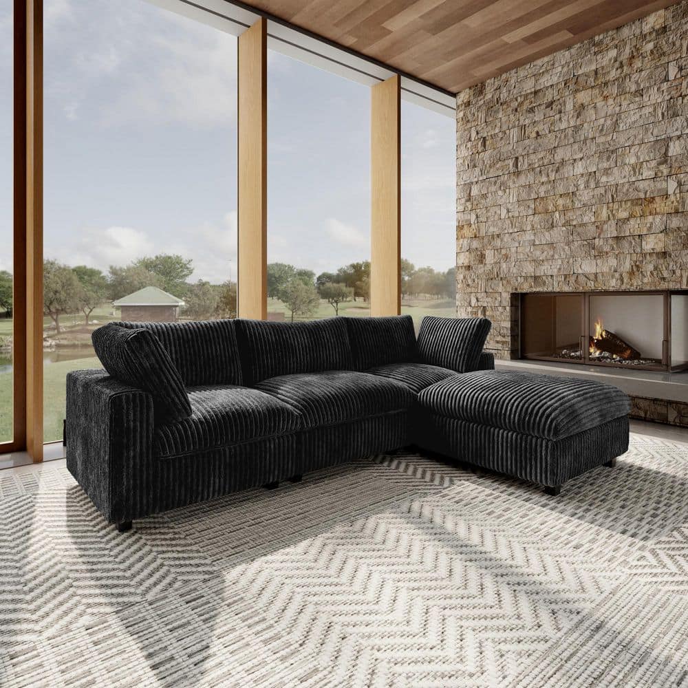 J&E Home 4-Piece Black Faux Rabbit Fur Fabric Sectional Sofa L
