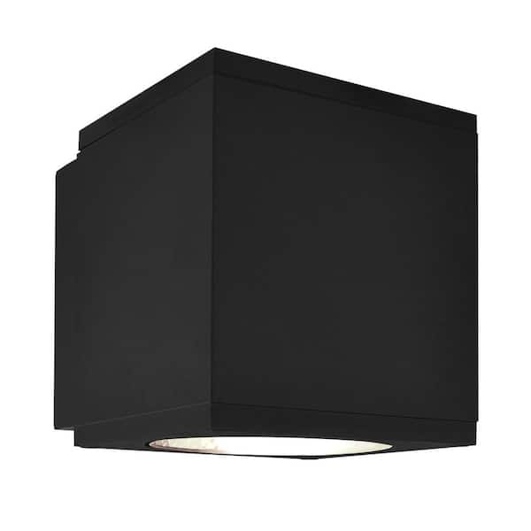 LUXRITE 4 in. Black Outdoor LED Up or Down Cube Wall Sconce Light 3CCT 3000K-5000K 15-Watt ETL IP65 Waterproof