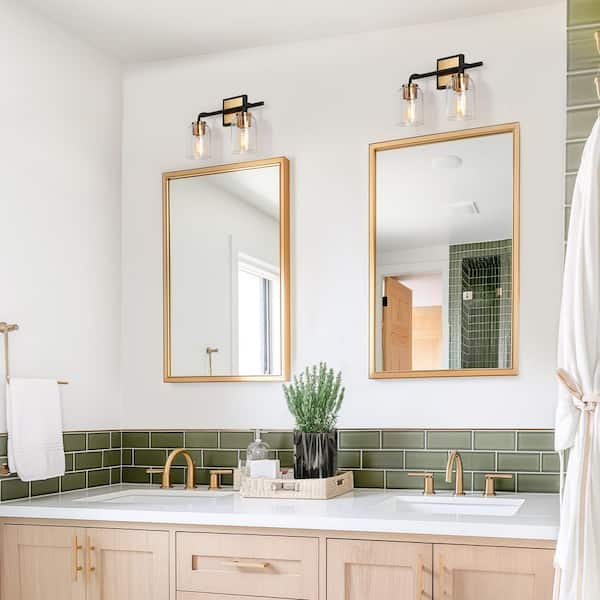13 in. 2-Light Brass Gold Bathroom Vanity Light, Black Wall Sconce for Mirrors, Clear Glass Modern Bath Lighting