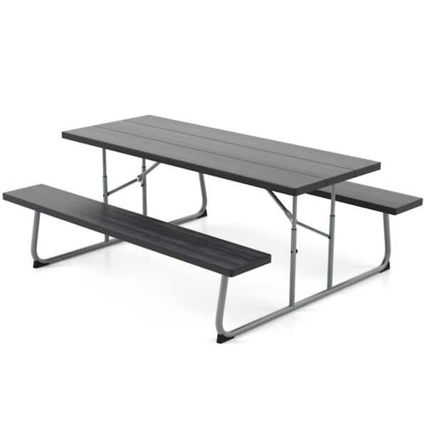 LIVIZA 72 in. W Black Rectangle Iron Picnic Tables with 2 Benches and Umbrella Hole