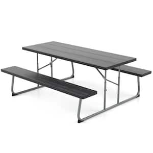 72 in. Black Rectangle Metal Picnic Table Bench Set with HDPE Tabletop with Umbrella Hole for 8 Person