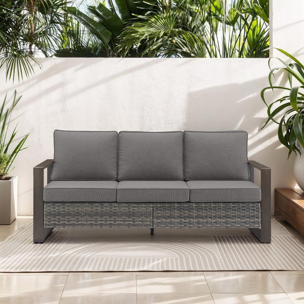 Opohoro MetalWood Metal and Gray Wicker Outdoor 3-Seat Sectional