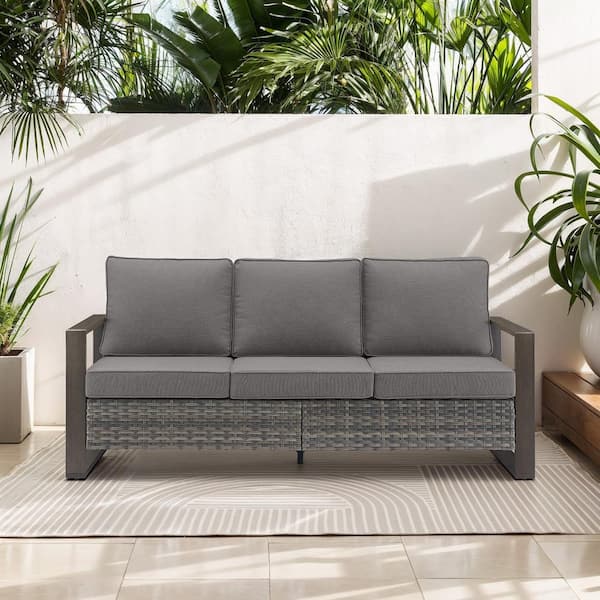 Opohoro MetalWood Metal and Gray Wicker Outdoor 3-Seat Sectional Couch Sofa with Olefin Navy Gray Cushions