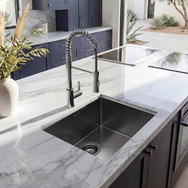 23 in. Undermount Single Bowl 18 Gauge Gunmetal Black Stainless Steel Kitchen Sink with Black Spring Neck Faucet