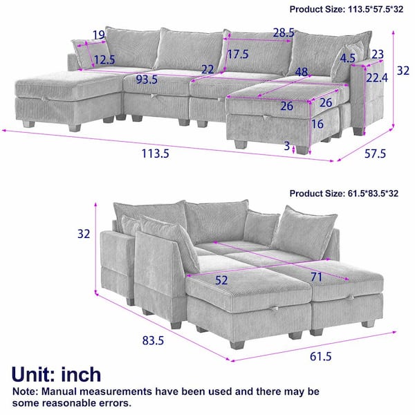 113.5 in. Square Arm L-Shaped 6-Seater Convertible Sectional with Storage Ottoman in Gray