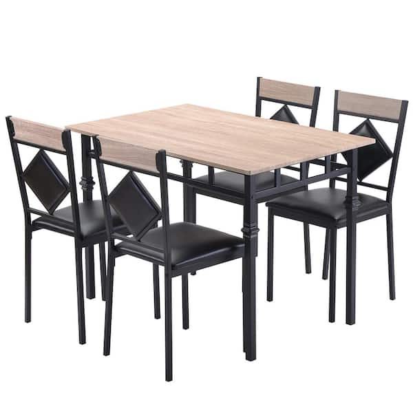 5 Piece Nature Kitchen Dining Table Set, Leather Dining Room Sets