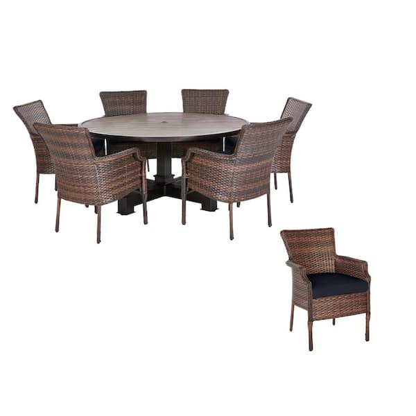 Hampton Bay Grayson 7 Piece Brown Wicker Outdoor Patio Dining Set With Cushionguard Midnight Navy Blue Cushions H078 01411400 The Home Depot - Patio Dining Table Home Depot Canada