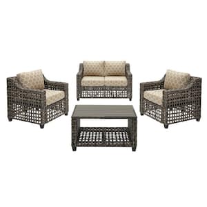 Briar Ridge 4-Piece Brown Wicker Outdoor Patio Conversation Deep Seating Set w/ CushionGuard Toffee Trellis Tan Cushions