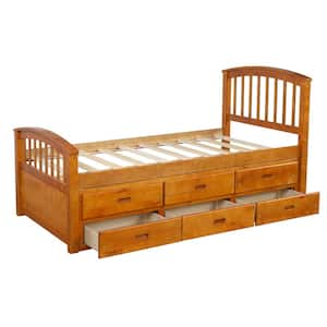 39.3 in. W Oak Twin Size Wooden Bed Frame For Teens and Adult, Platform Bed Frame with 6-Drawers and Wooden Slats