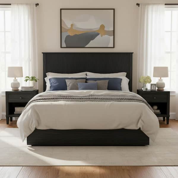 Zelina Stylish Black Solid Wood Frame Queen Size Platform Bed with Slatted Headboard