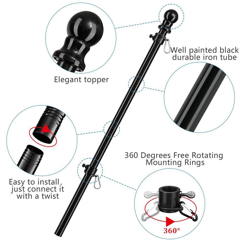 5ft Black Stainless Steel Tangle-Free Flag Pole with Holder Bracket