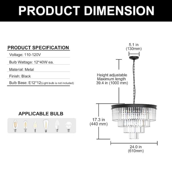 YANSUN 24 in. 12-Light 4-Tier Black Crystal Chandelier, Modern