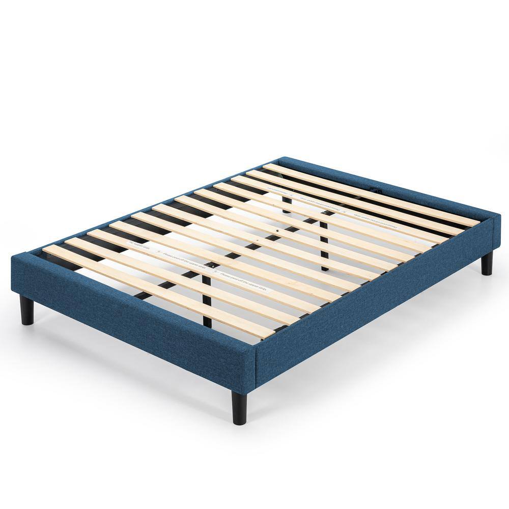 Navy Upholstered Full Platform Bed with Steel Frame and Wood Slats