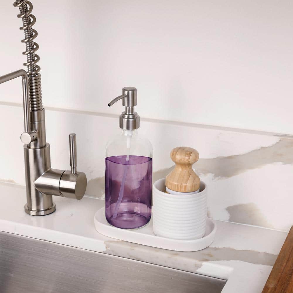 White Ceramic Soap Pump and Brush Set with Tray