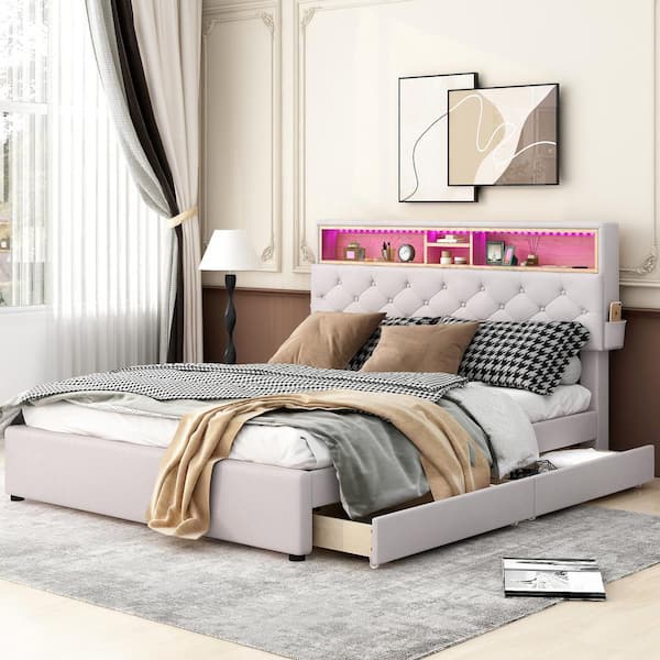 CSC DECOR INC Wood Frame Beige Queen Size Upholstered Platform Bed with Storage Headboard, LED, USB Charging and 2-Drawers
