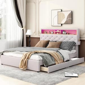 Wood Frame Beige Queen Size Upholstered Platform Bed with Storage Headboard, LED, USB Charging and 2-Drawers
