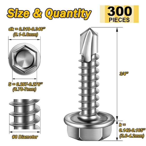 MYWISH 300-Pack #8 x 3/4 in Hex Head Self Drilling Screws SF