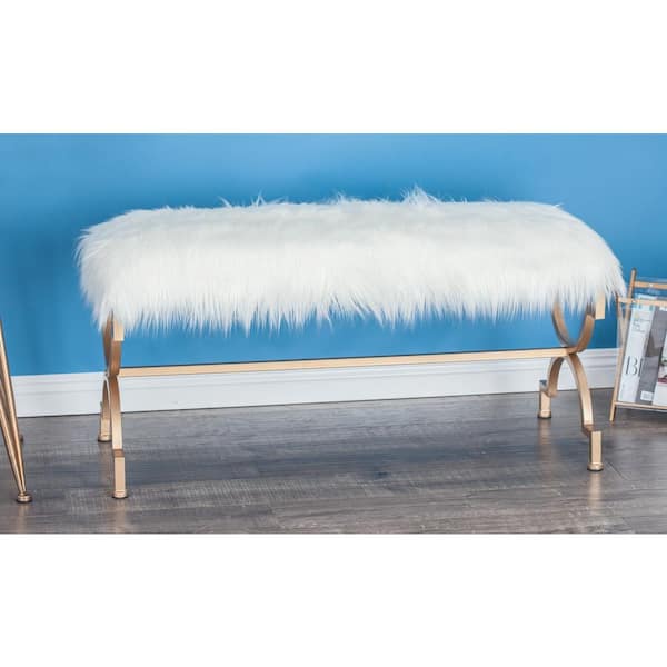Litton Lane Gold Bench with White Faux Fur Top 20 in. X 42 in. X 17 in.
