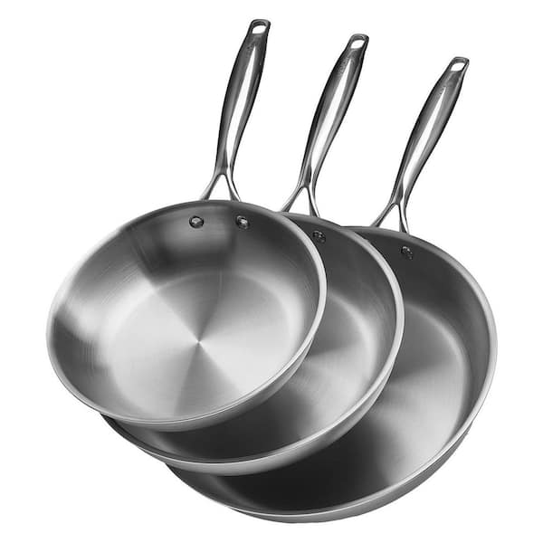 Tri-Ply Frying Pan,3-Piece Polished Stainless Steel,Cooking Skillet with Handle, Chef's Kitchen Cookware,Dishwasher Safe