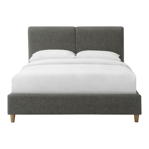 Katie Gray Wood Frame Queen Platform Bed with Padded Headboard and Round Tapered Wood Legs
