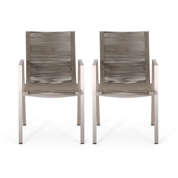 Tenleaf Silver Metal Modern Outdoor Dining Chair with Taupe Gray Rope Seat Set of 2