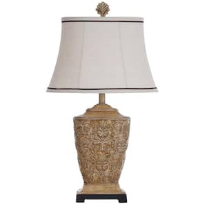 StyleCraft 32.5 in. Brown Glaze with Silver Leaf Table Lamp with Beige ...