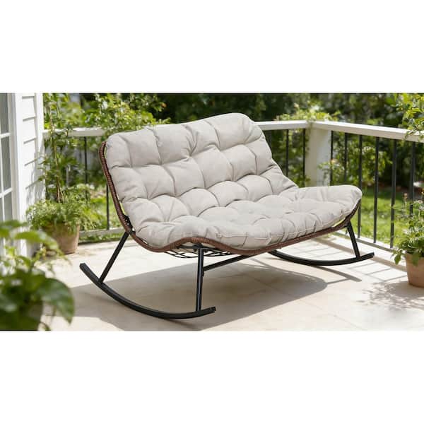 50.8 in. W Beige Double Wide Rocking Papasan Chair Acacia Wood Steel Frame Oversized Outdoor Rocker for Patio