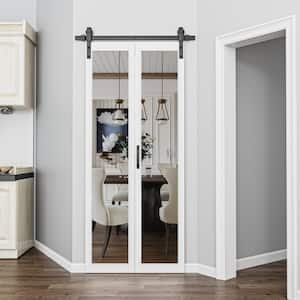 36 in. x 84 in. 1-Lite Mirrored Glass White Finished Composite Bi-Fold Sliding Barn Door with Hardware Kit